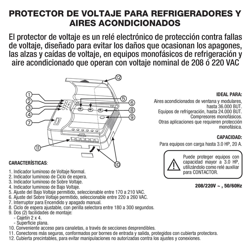 Protector de Voltaje 220Volt - 50/60Hz. Corriente 20A para aires acondicionados inverter y refrigeradores con retardo ajustable