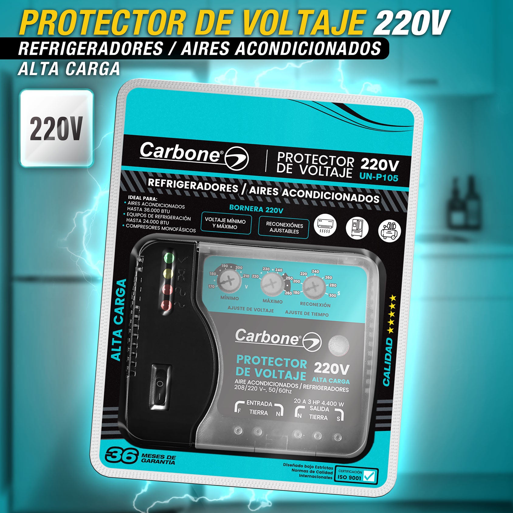 Protector de Voltaje 220Volt - 50/60Hz. Corriente 20A para aires acondicionados inverter y refrigeradores con retardo ajustable