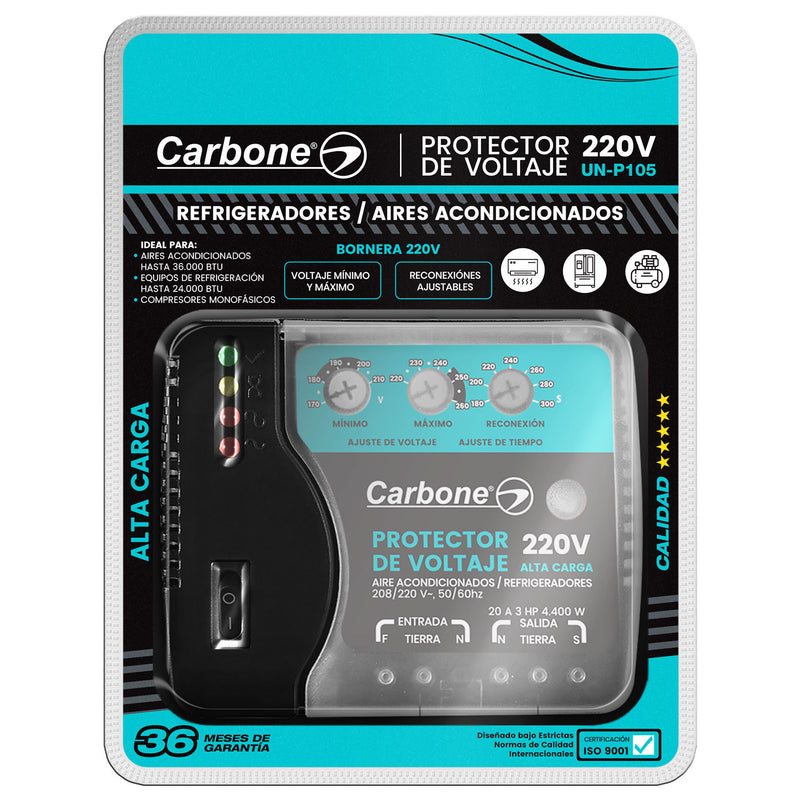 Protector de Voltaje 220Volt - 50/60Hz. Corriente 20A para aires acondicionados inverter y refrigeradores con retardo ajustable