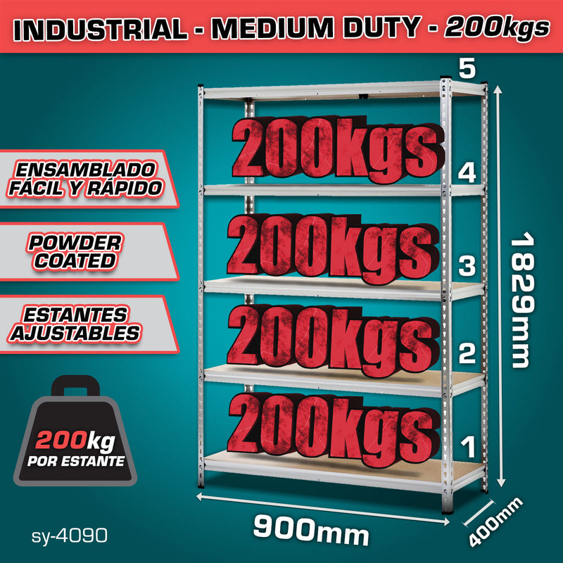 Estante de almacenamiento ajustable 5 niveles 400x900x1829mm. Carga:200Kg Estanteria Arma rápido Rack