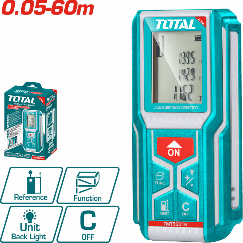 Medidor laser rango 0.05-60mts.Exactitud ±2.0mm. 620~690nm, <1mW  IP54.baterias.AA