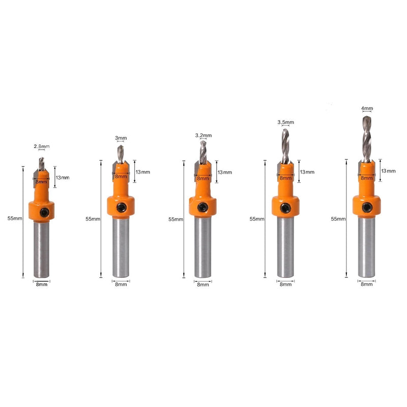 Juego de 5 brocas HSS de avellanado para carpintería de vástago de 8mm.