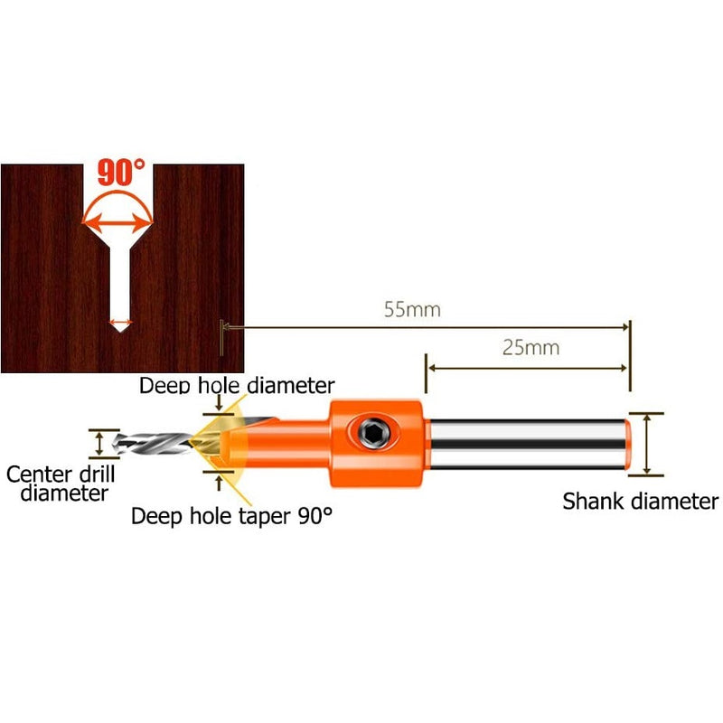 Juego de 5 brocas HSS de avellanado para carpintería de vástago de 8mm.