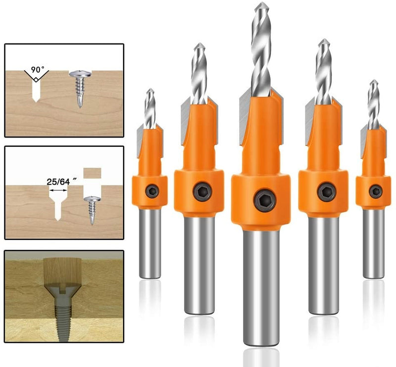 Juego de 5 brocas HSS de avellanado para carpintería de vástago de 8mm.