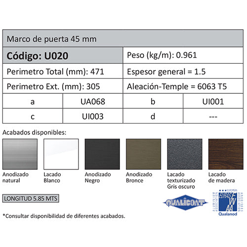 Perfil Marco Fijo Puerta 45 mm. Espesor 1.5 mm. Largo 5.85 mts. Acabado Anodizado Negro 15 Micron. (