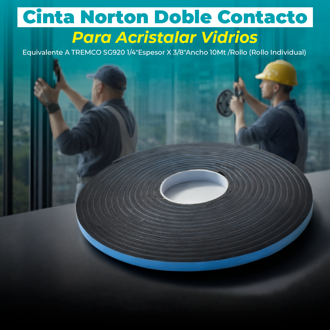 Cinta norton doble contacto para acristalar vidrios equivalente a TREMCO SG920 1/4"espesor x 3/8"Ancho 10mt /rollo ( Rollo individual )
