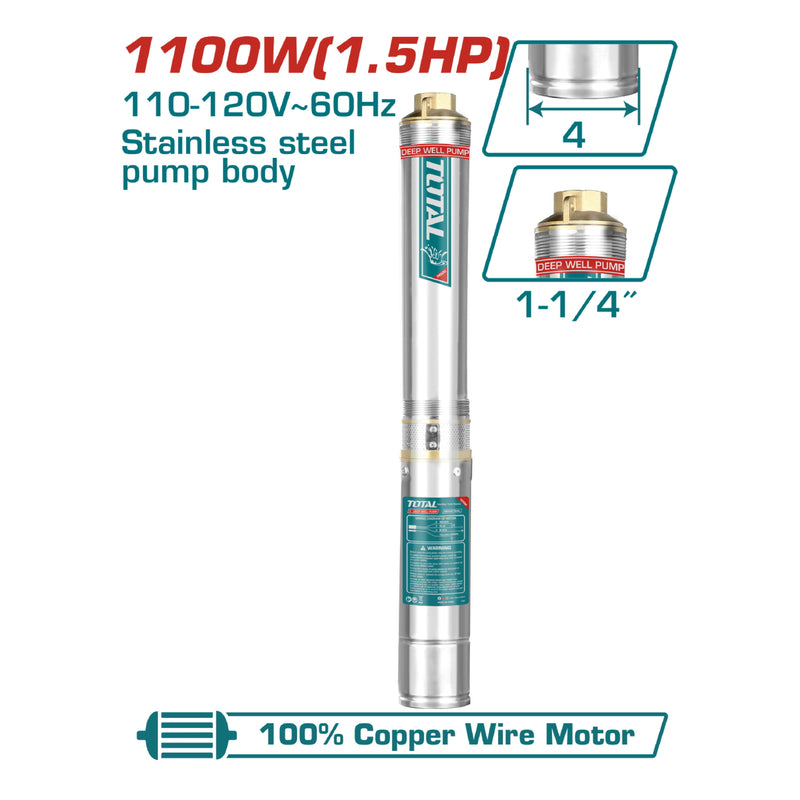 Bomba de pozo cuerpo de 4" 1100W(1.5HP).(1 año) 110-120V~60Hz.20mts de cable+swiche. NO incluye caja