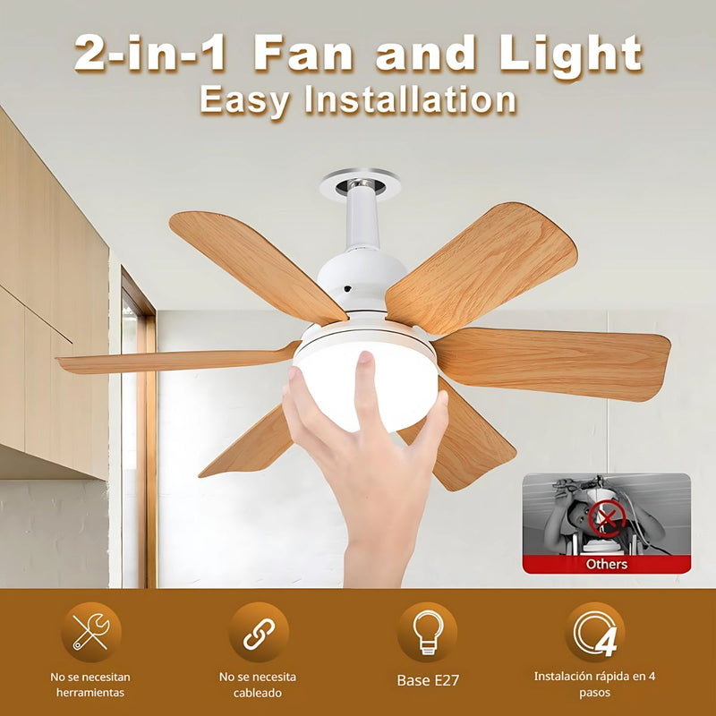 Abanico de Techo 20" Socket E27 con Luz LED 3 Tonos 3000/4000/6500K, 1900 Lúmenes, 6 Aspas, 3 Velocidades, 520x185mm. Color madera.