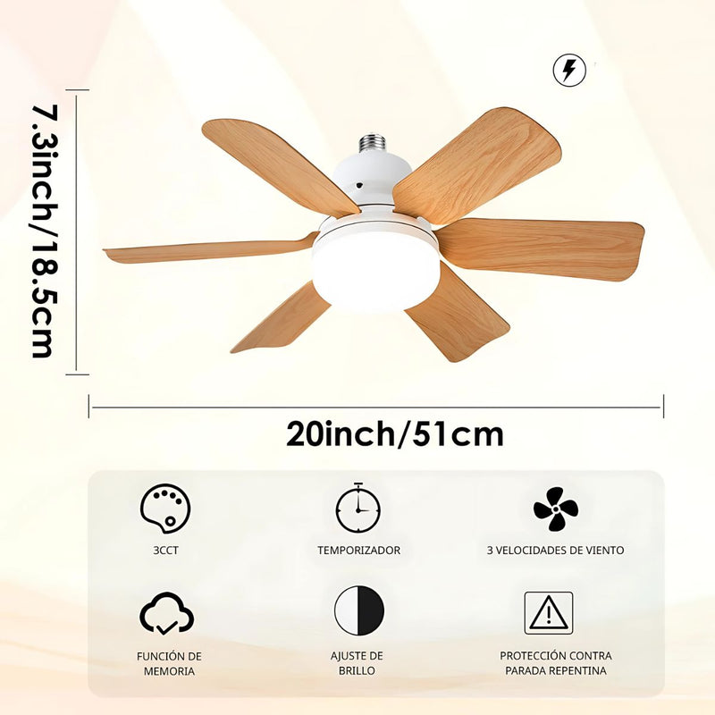 Abanico de Techo 20" Socket E27 con Luz LED 3 Tonos 3000/4000/6500K, 1900 Lúmenes, 6 Aspas, 3 Velocidades, 520x185mm. Color madera.