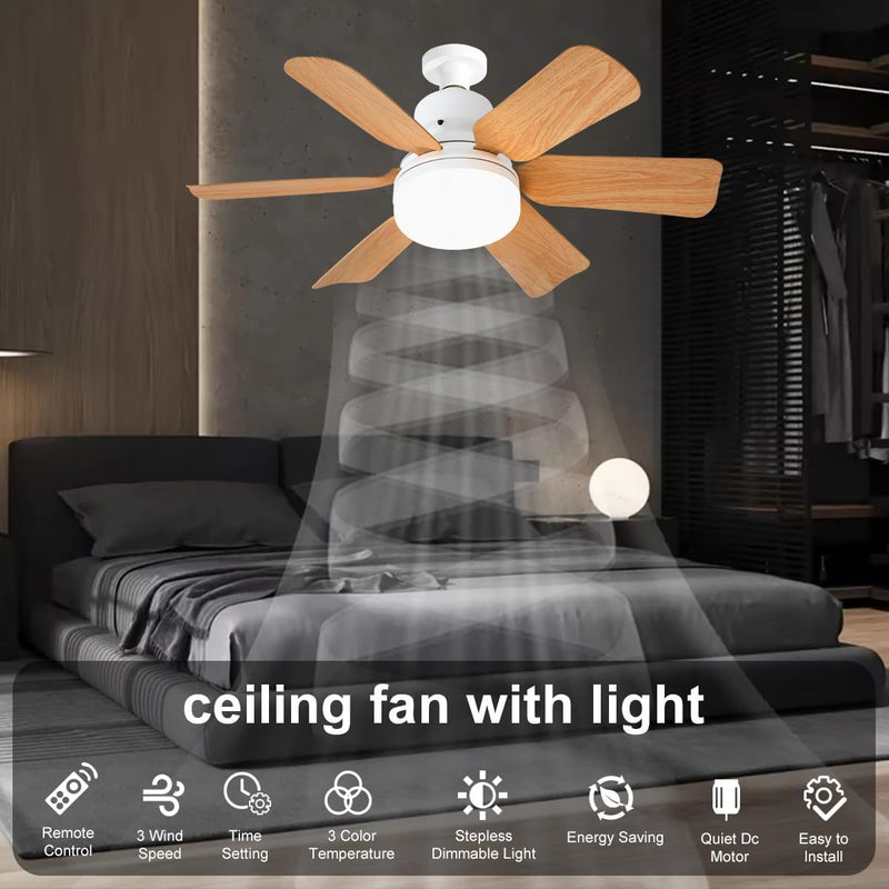 Abanico de Techo 20" Socket E27 con Luz LED 3 Tonos 3000/4000/6500K, 1900 Lúmenes, 6 Aspas, 3 Velocidades, 520x185mm. Color madera.