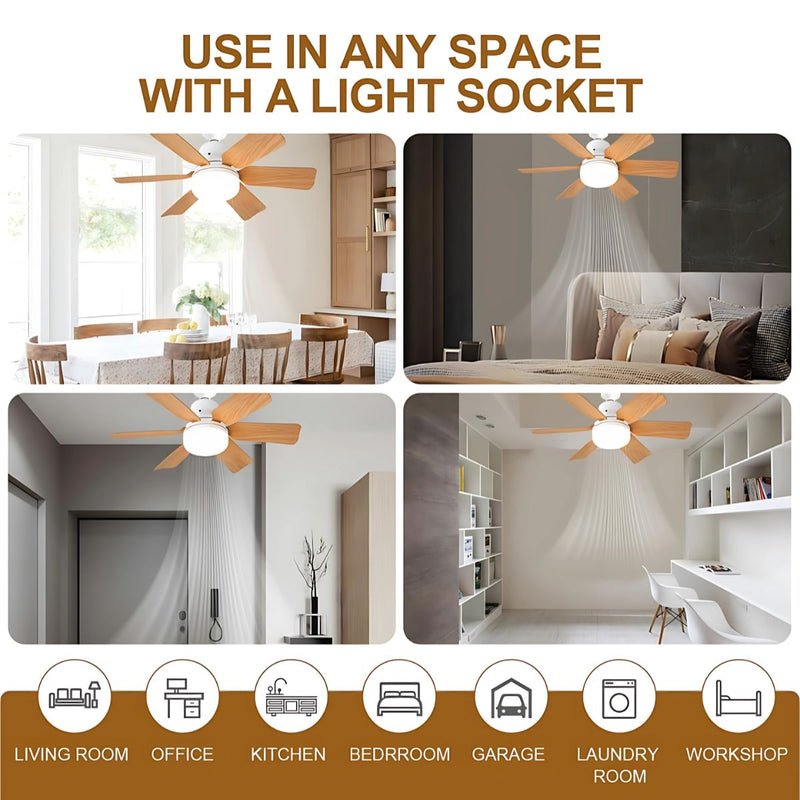 Abanico de Techo 20" Socket E27 con Luz LED 3 Tonos 3000/4000/6500K, 1900 Lúmenes, 6 Aspas, 3 Velocidades, 520x185mm. Color madera.