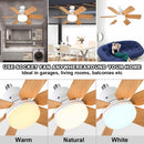 Abanico de Techo 20" Socket E27 con Luz LED 3 Tonos 3000/4000/6500K, 1900 Lúmenes, 6 Aspas, 3 Velocidades, 520x185mm. Color madera.