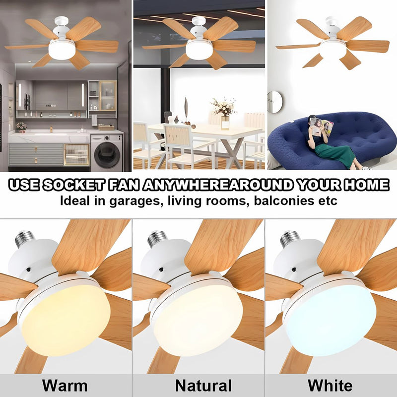 Abanico de Techo 20" Socket E27 con Luz LED 3 Tonos 3000/4000/6500K, 1900 Lúmenes, 6 Aspas, 3 Velocidades, 520x185mm. Color madera.