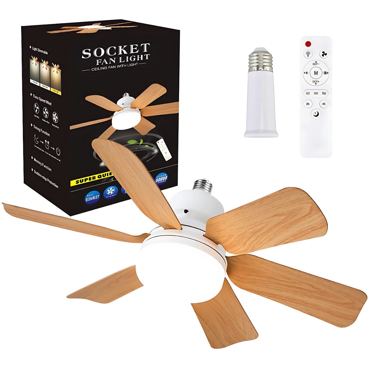 Abanico de Techo 20" Socket E27 con Luz LED 3 Tonos 3000/4000/6500K, 1900 Lúmenes, 6 Aspas, 3 Velocidades, 520x185mm. Color madera.