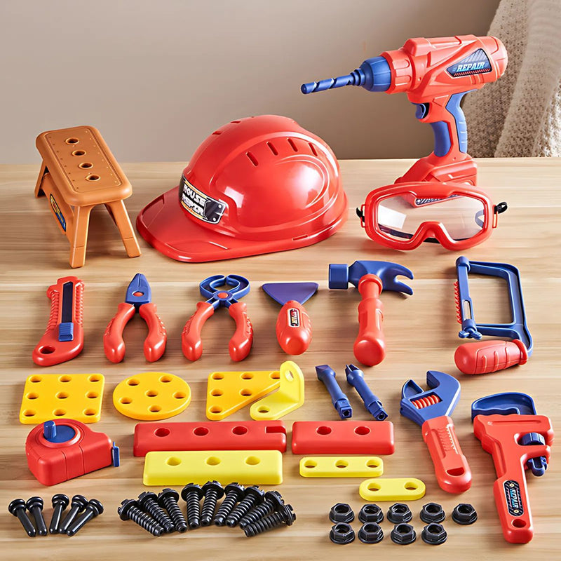 Herramientas de Juguete para Niños. Set de 47 Piezas con Taladro Eléctrico y Casco. Juego de Construcción Educativo.