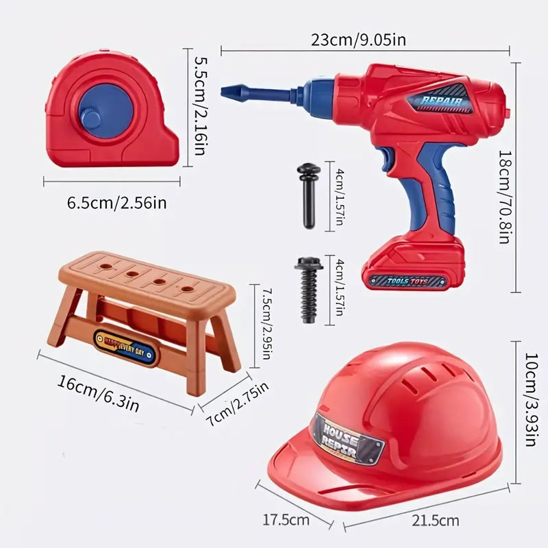 Herramientas de Juguete para Niños. Set de 47 Piezas con Taladro Eléctrico y Casco. Juego de Construcción Educativo.