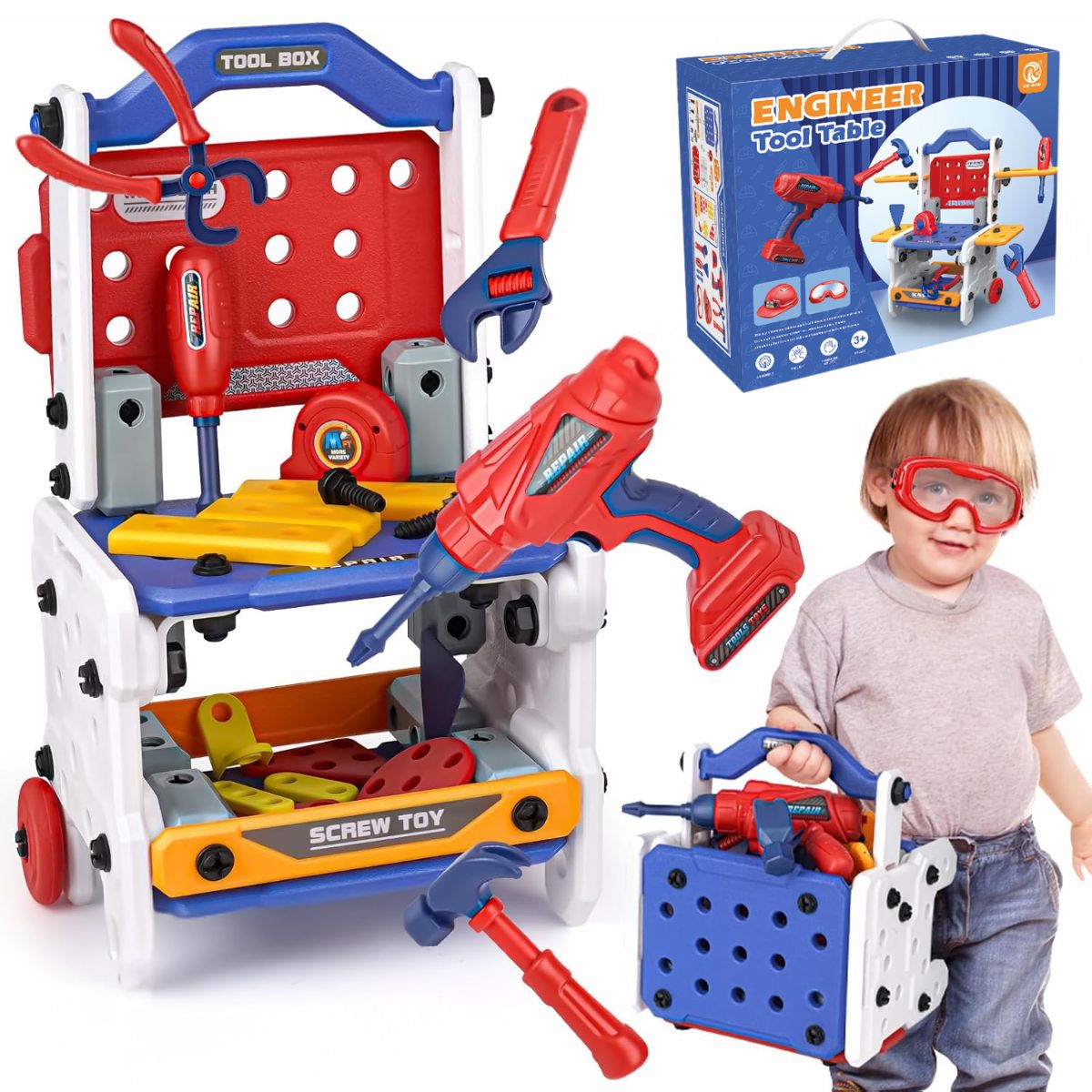 Herramientas de Juguete para Niños. Set de 105 Piezas con Casco y taladro. Juego de Construcción Educativo.