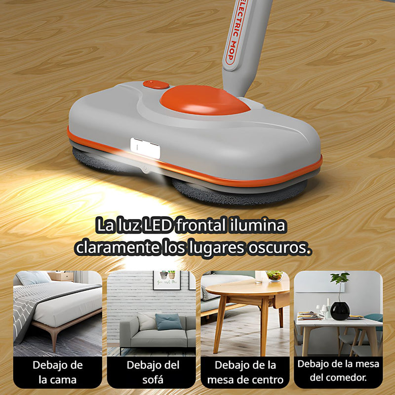 Mopa Eléctrica Inalámbrica con Autolimpieza. Barre, Trapea y Desinfecta. Tanque 750ml, Luz LED y Cabezal Giratorio 90° (Incluye Cubo).