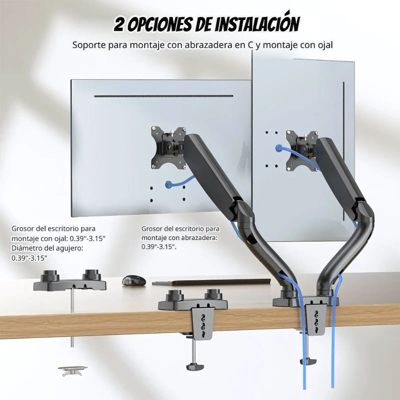 Soporte de Monitor Doble. Brazo Ergonómico para Pantallas de hasta 27” con Montaje de Escritorio. Ideal para Oficina y Gaming.