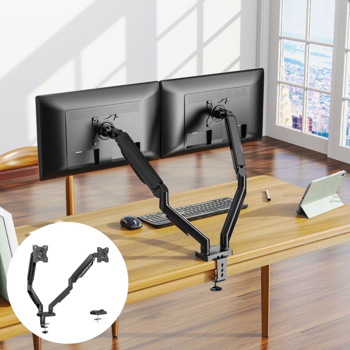 Soporte de Monitor Doble. Brazo Ergonómico para Pantallas de hasta 27” con Montaje de Escritorio. Ideal para Oficina y Gaming.