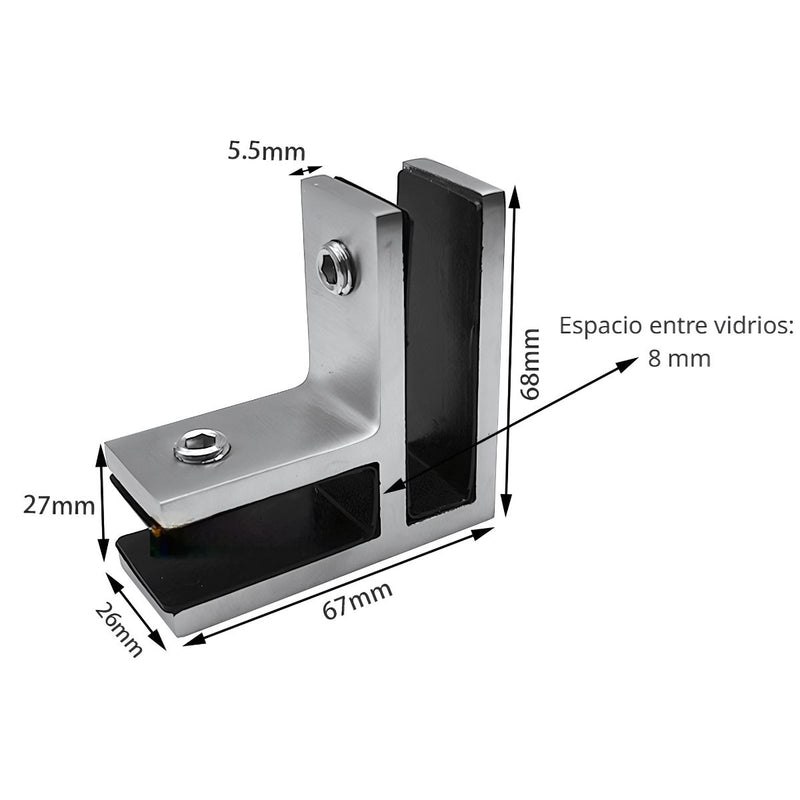 Abrazadera Doble en Ángulo de 90° para Vidrio. Acero Inoxidable 304 Negro Reforzado. Para Vidrios de 10 a 13.5 mm. Conector Esquinero.