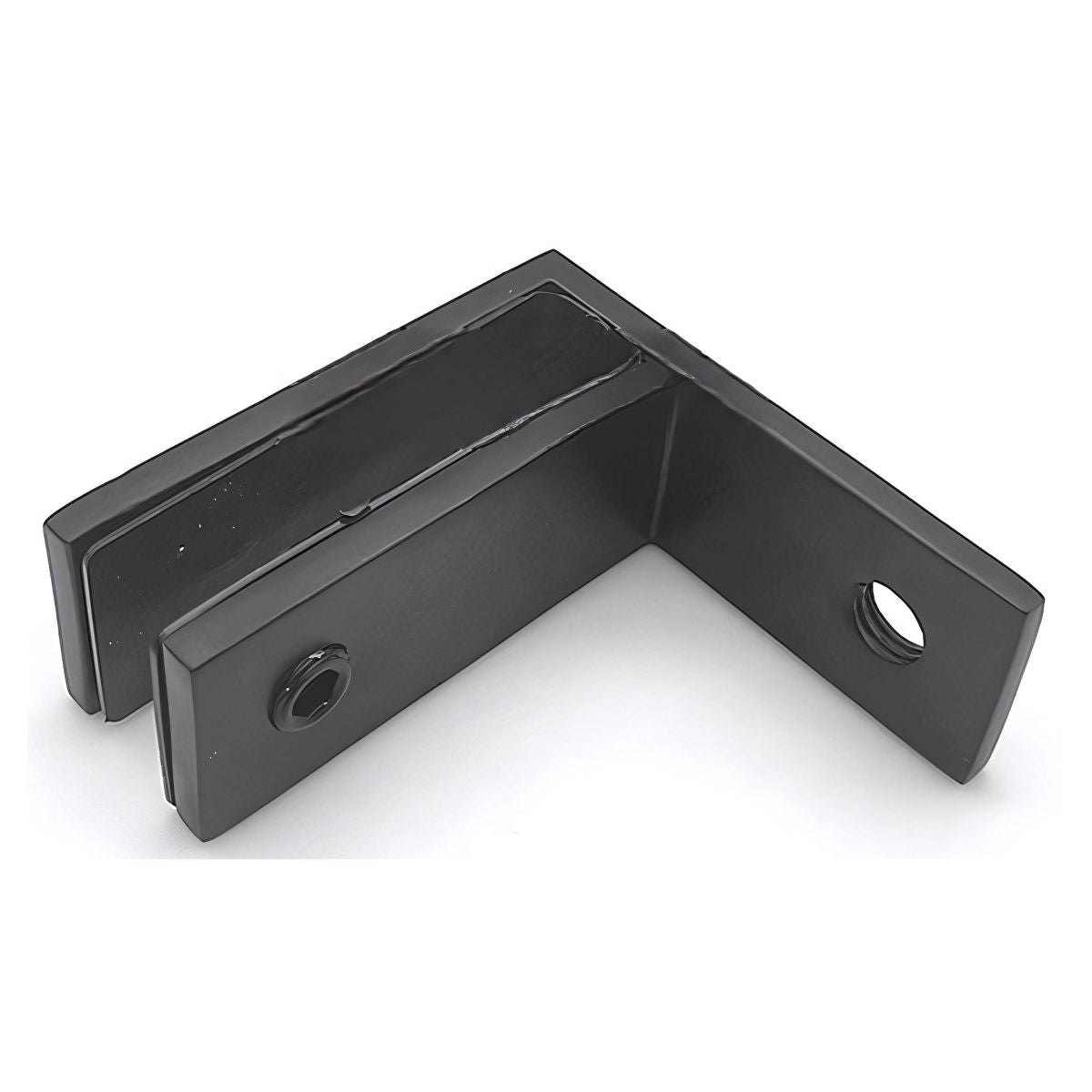 Soporte de Vidrio a Pared en Ángulo 90°. Acero Inoxidable 304 Negro Reforzado. Para Cristales de 10 a 13.5 mm. Abrazadera de Fijación.