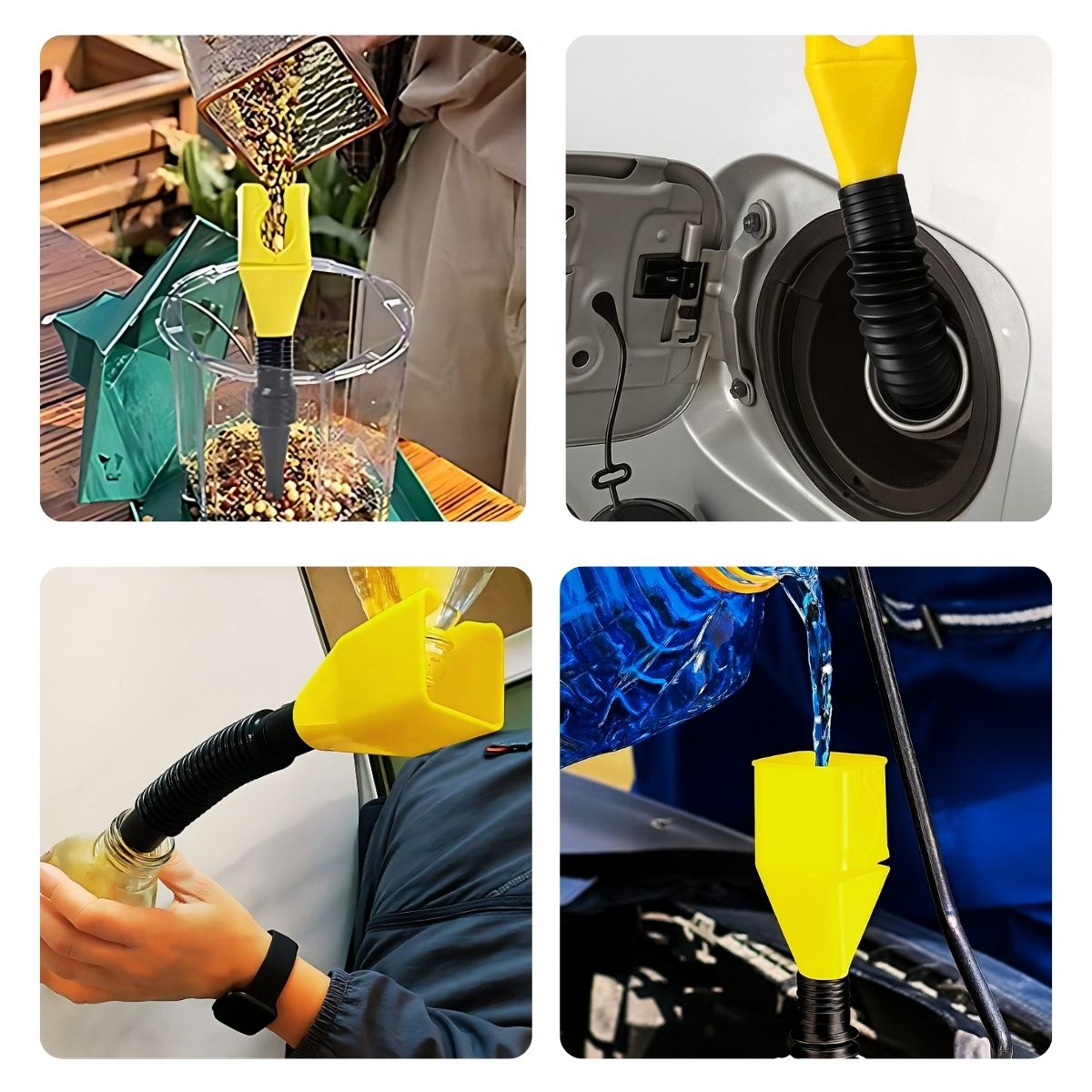 Flexible oil and fuel funnel usage examples