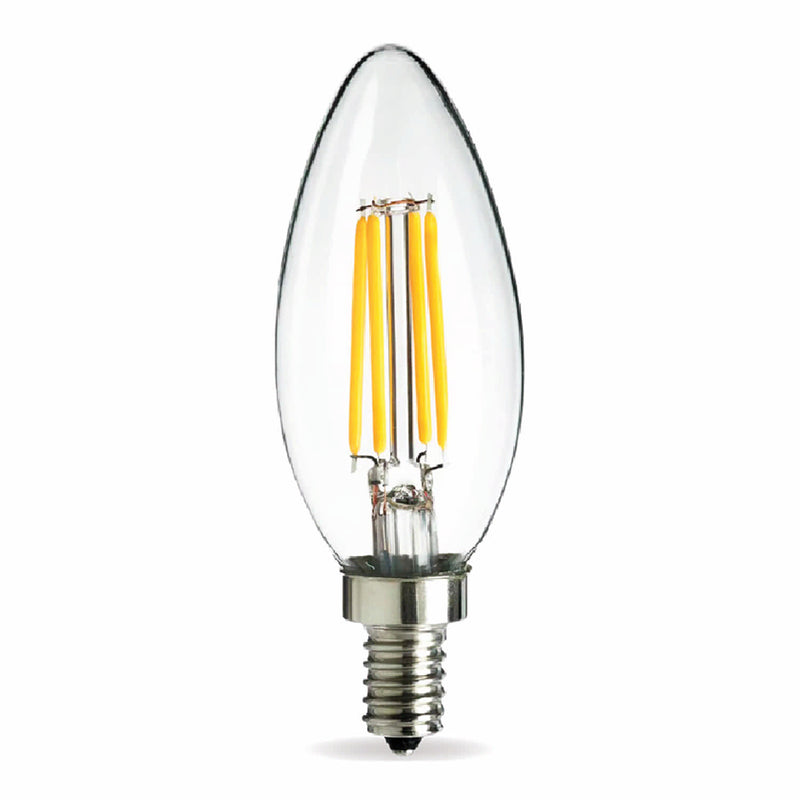 Bombillo Filamento LED C35 E12 4W 2700K Luz Cálida CRI>80, 450 lm, 300°, 35x115mm,Transparente. Foco Vela.