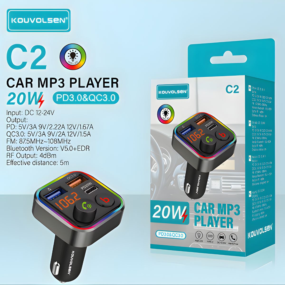 Cargador para Auto 20W con Bluetooth, Transmisor FM y Reproductor MP3. Adaptador de carro con carga rápida PD y QC para Múltiples Dispositivos.