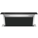 Extractor de grasa empotrable de isla de 88 cm. Color inox con panel de vidrio templado negro. Modelo Arco Isla 90 Drija