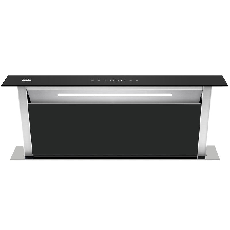 Extractor de grasa empotrable de isla de 88 cm. Color inox con panel de vidrio templado negro. Modelo Arco Isla 90 Drija