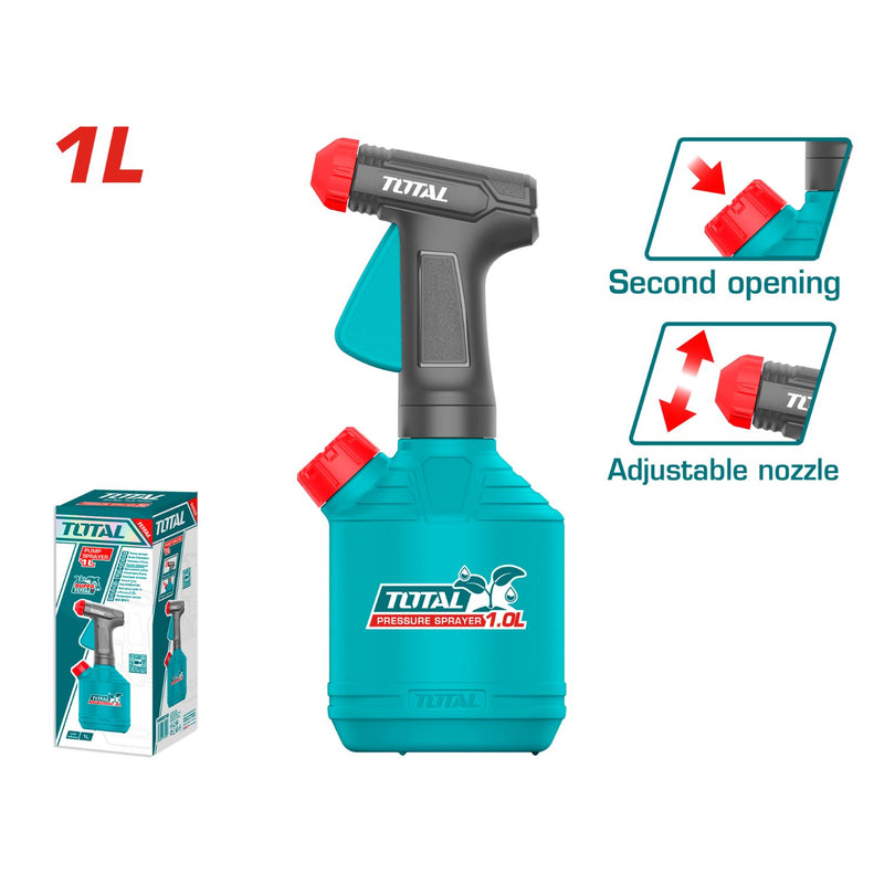 Pulverizador de Bomba 1L segunda abertura, indicador de nivel y boquilla ajustable.
