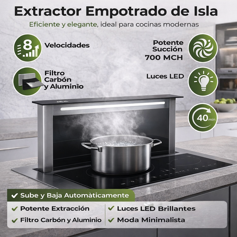 Extractor de grasa empotrable de isla de 88 cm. Color inox con panel de vidrio templado negro. Modelo Arco Isla 90 Drija
