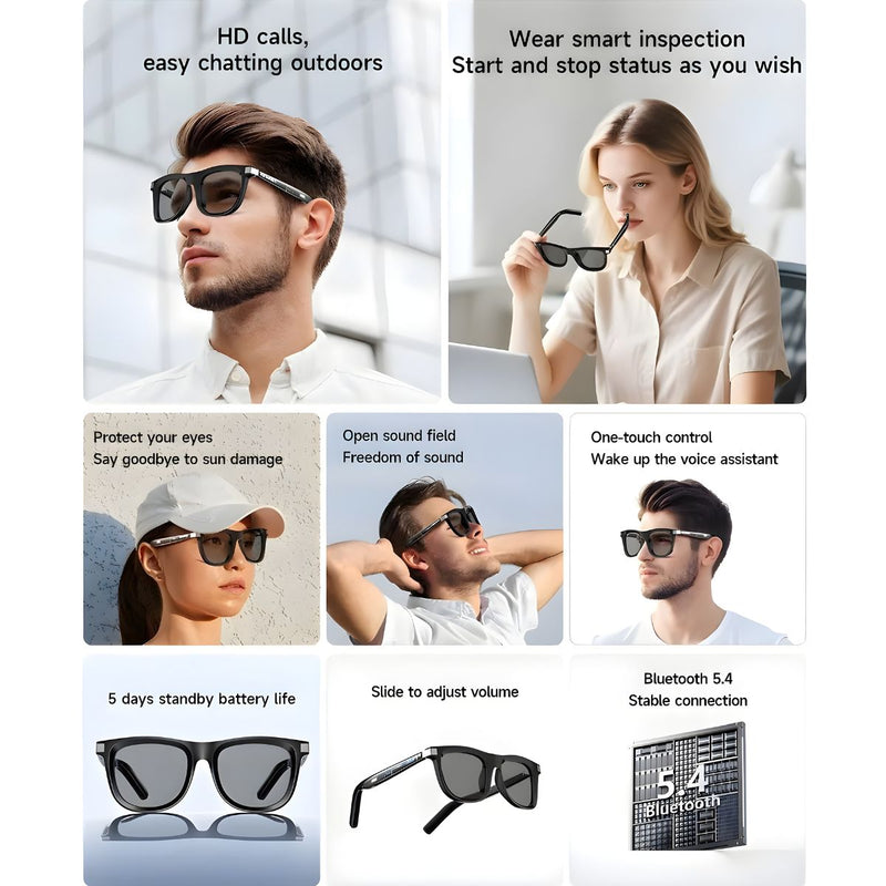 Gafas Inteligentes con Audio Bluetooth 5.4. Lentes de Sol con Altavoces Integrados y Asistente IA. Smart Glasses con Traducción en Tiempo Real y Control Táctil.