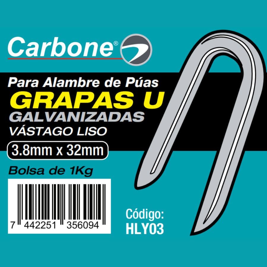 Clavos Grapas U Galvanizada De 3.8Mm X32 Mm. Para Alambre De Puas (Bolsa De 1Kg. / 2.2Lbs)