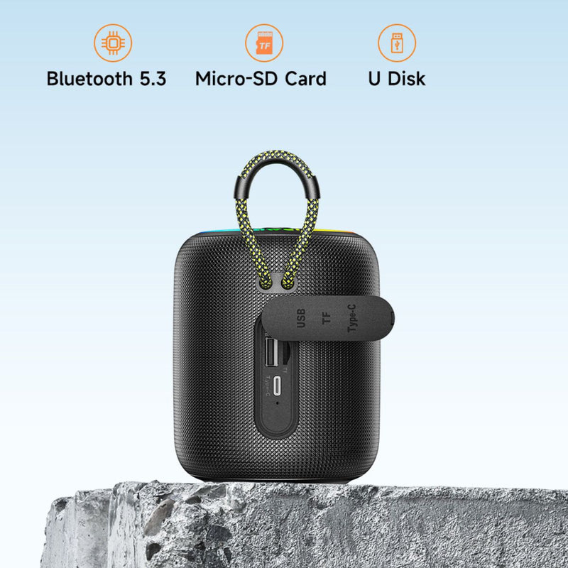 Bocina Bluetooth 5.3 Portátil de 8W. Parlante Inalámbrico con resistencia al agua IPX6. Altavoz Recargable con luces RGB.