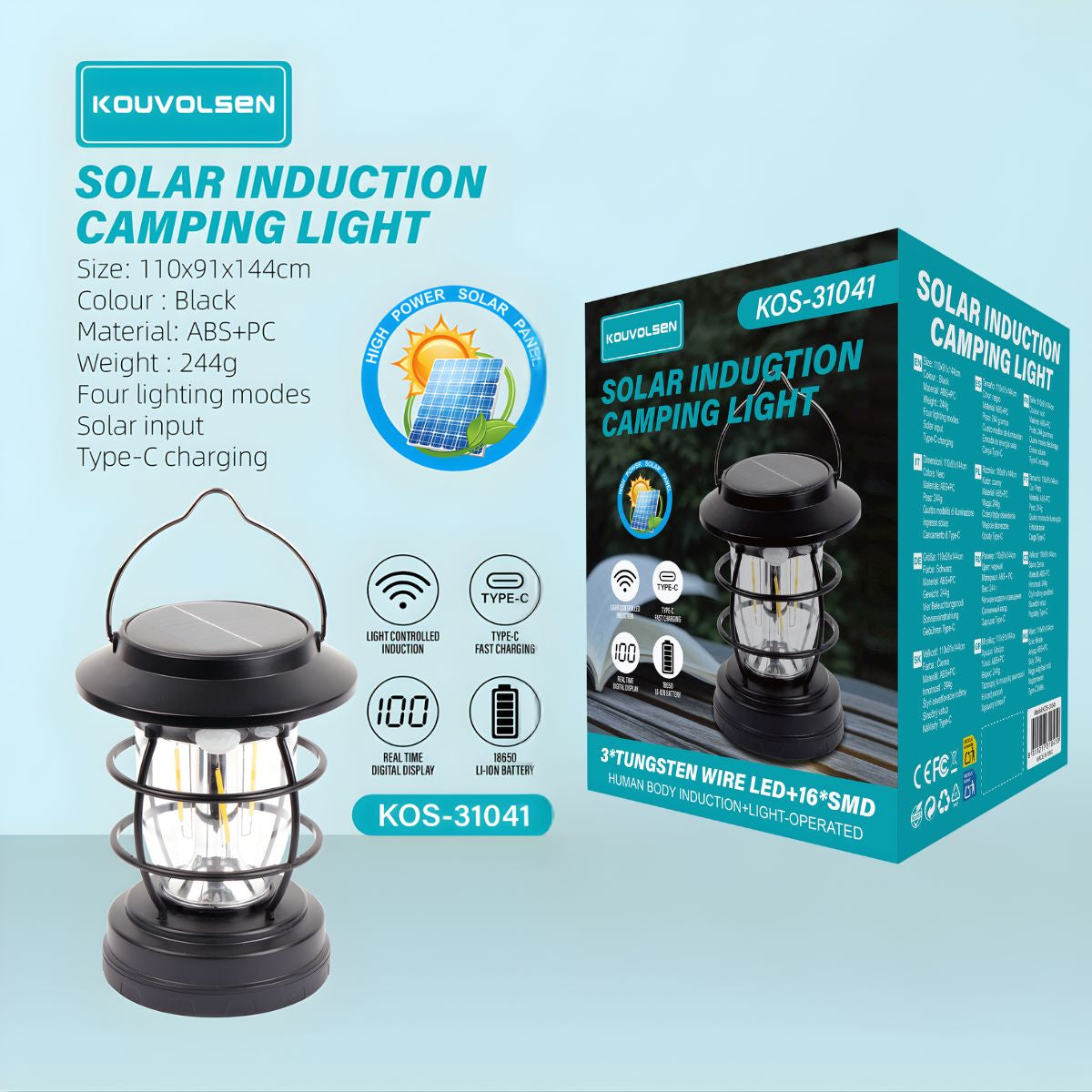 Lámpara Solar LED Portátil Tipo Farol con Carga USB-C. Luz Recargable con Pantalla LCD y 4 Modos de Iluminación. Linterna Solar.