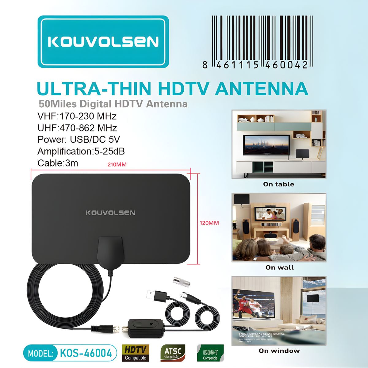Antena HDTV Digital para televisión abierta. Alcance Hasta 80kms. Antena de TV con Soporte VHF/UHF y Amplificador De Señal. Cable De 3mts.