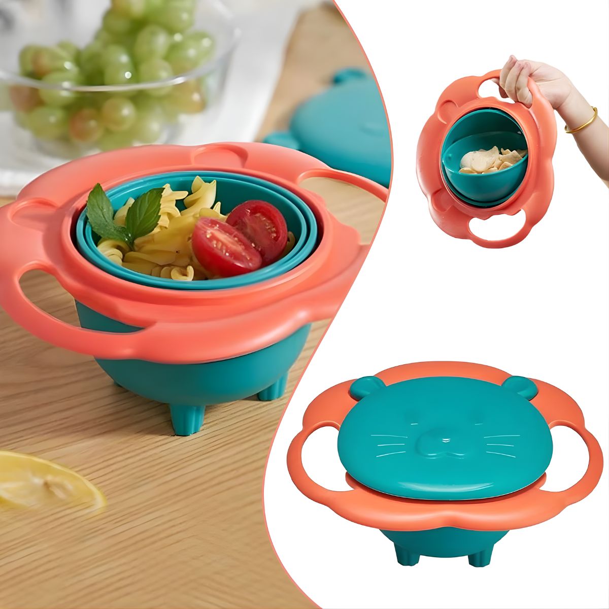 Tazón infantil Antiderrames. Plato giratorio 360° con tapa. Bowl antivuelco para bebes y niños.