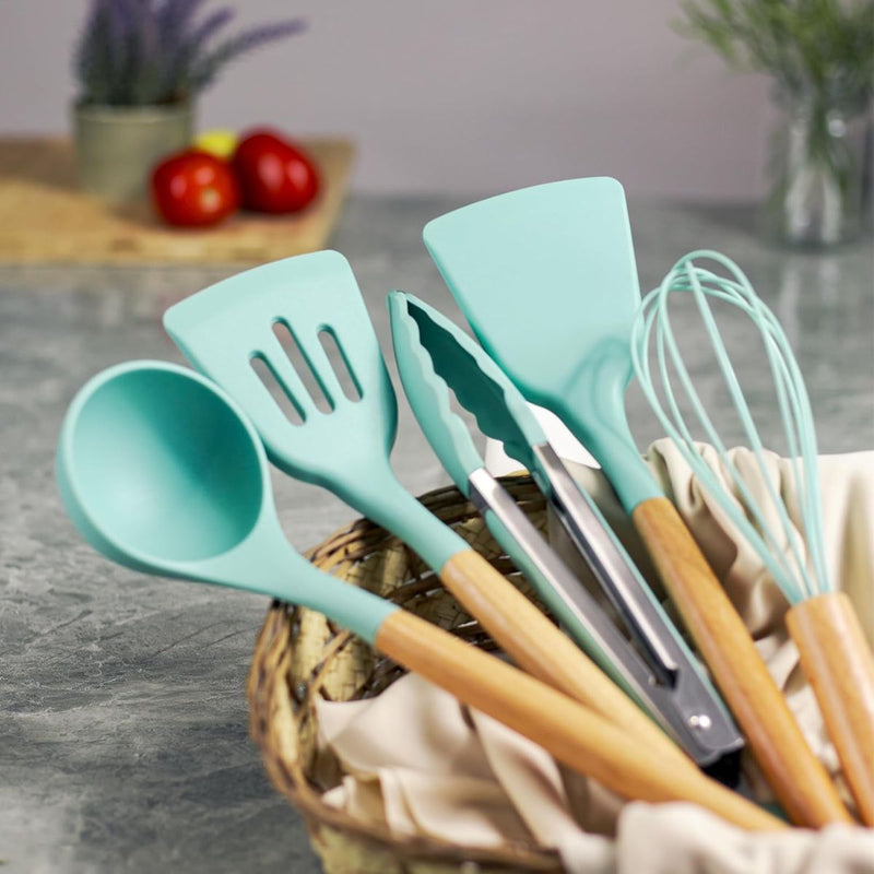 Utensilios de Cocina de Silicona y Madera. Juego de cucharones Completo de 34 Piezas Antiadherentes y Resistentes al Calor.