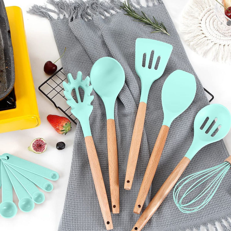 Utensilios de Cocina de Silicona y Madera. Juego de cucharones Completo de 34 Piezas Antiadherentes y Resistentes al Calor.