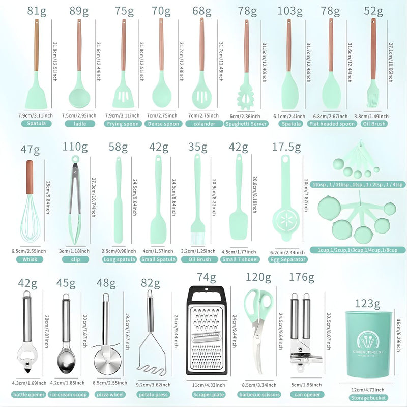 Utensilios de Cocina de Silicona y Madera. Juego de cucharones Completo de 34 Piezas Antiadherentes y Resistentes al Calor.