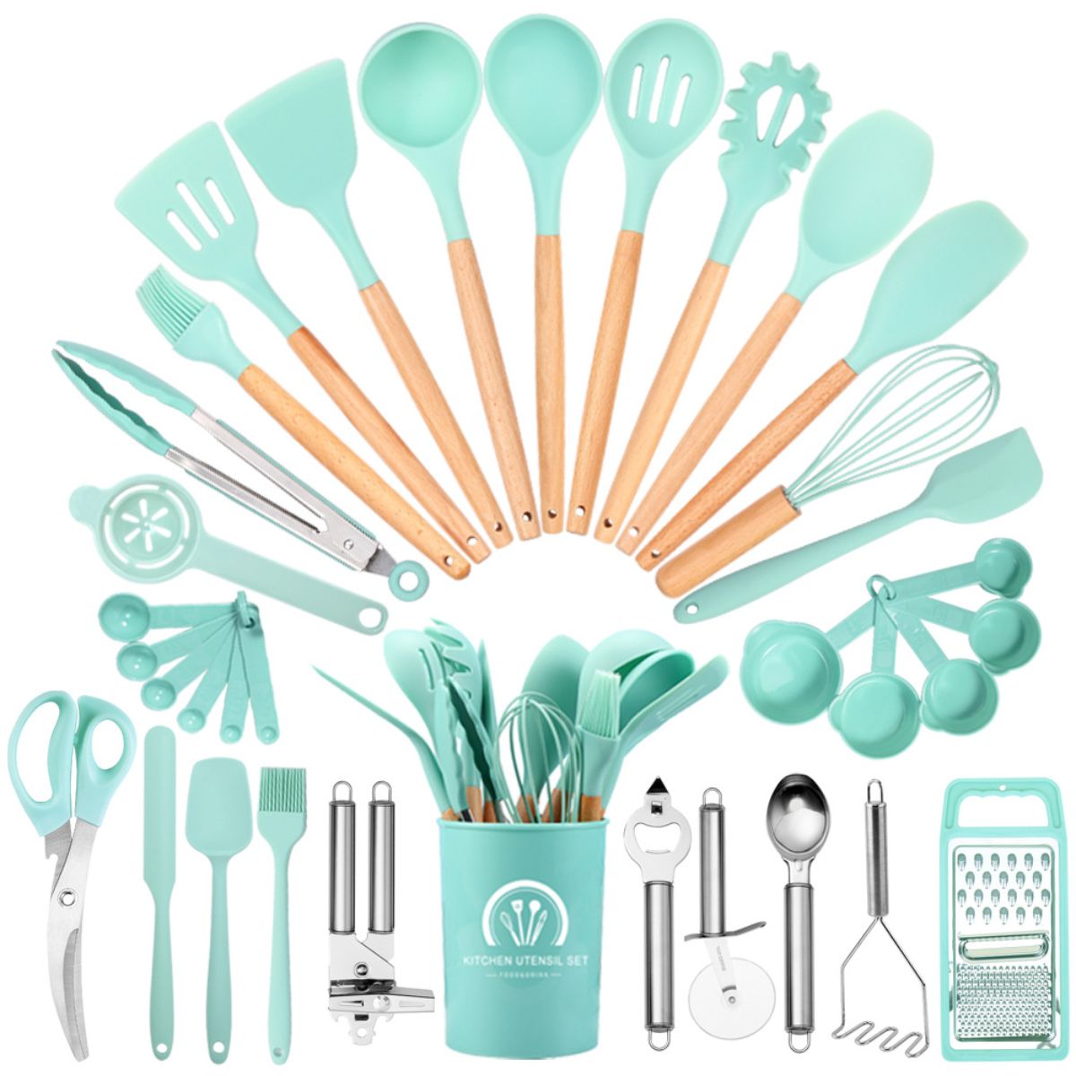 Utensilios de Cocina de Silicona y Madera. Juego de cucharones Completo de 34 Piezas Antiadherentes y Resistentes al Calor.