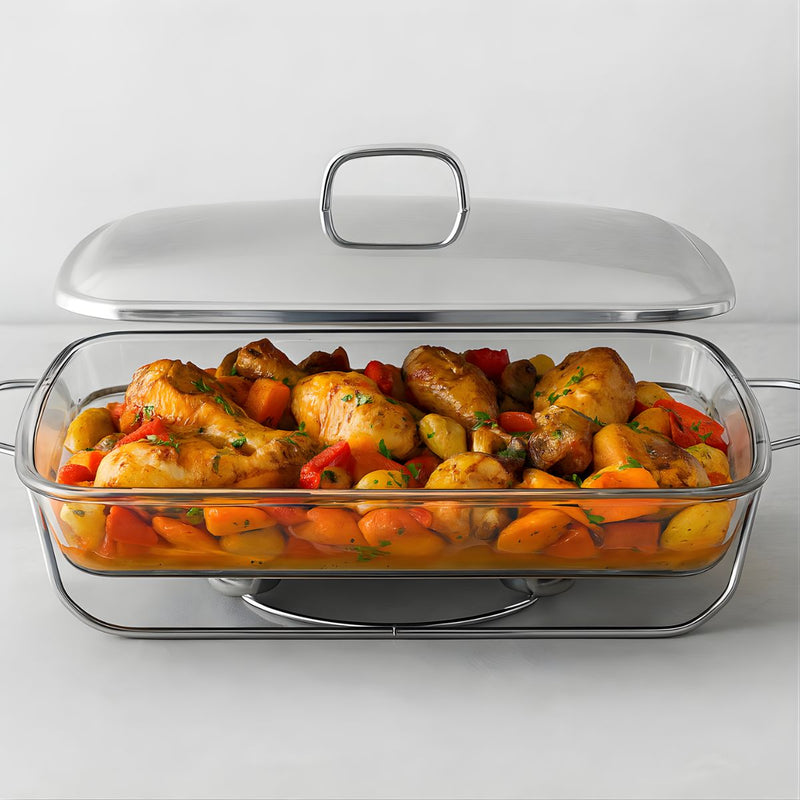 Bandeja de comida para buffet. Chafing Dish de Vidrio 3.6 L con Soporte. Bandeja rectangular para catering.