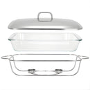 Bandeja de comida para buffet. Chafing Dish de Vidrio 3.6 L con Soporte. Bandeja rectangular para catering.