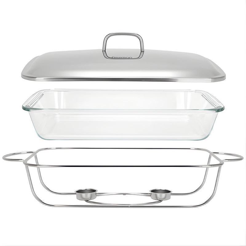 Bandeja de comida para buffet. Chafing Dish de Vidrio 3.6 L con Soporte. Bandeja rectangular para catering.