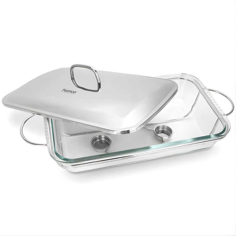 Bandeja de comida para buffet. Chafing Dish de Vidrio 3.6 L con Soporte. Bandeja rectangular para catering.