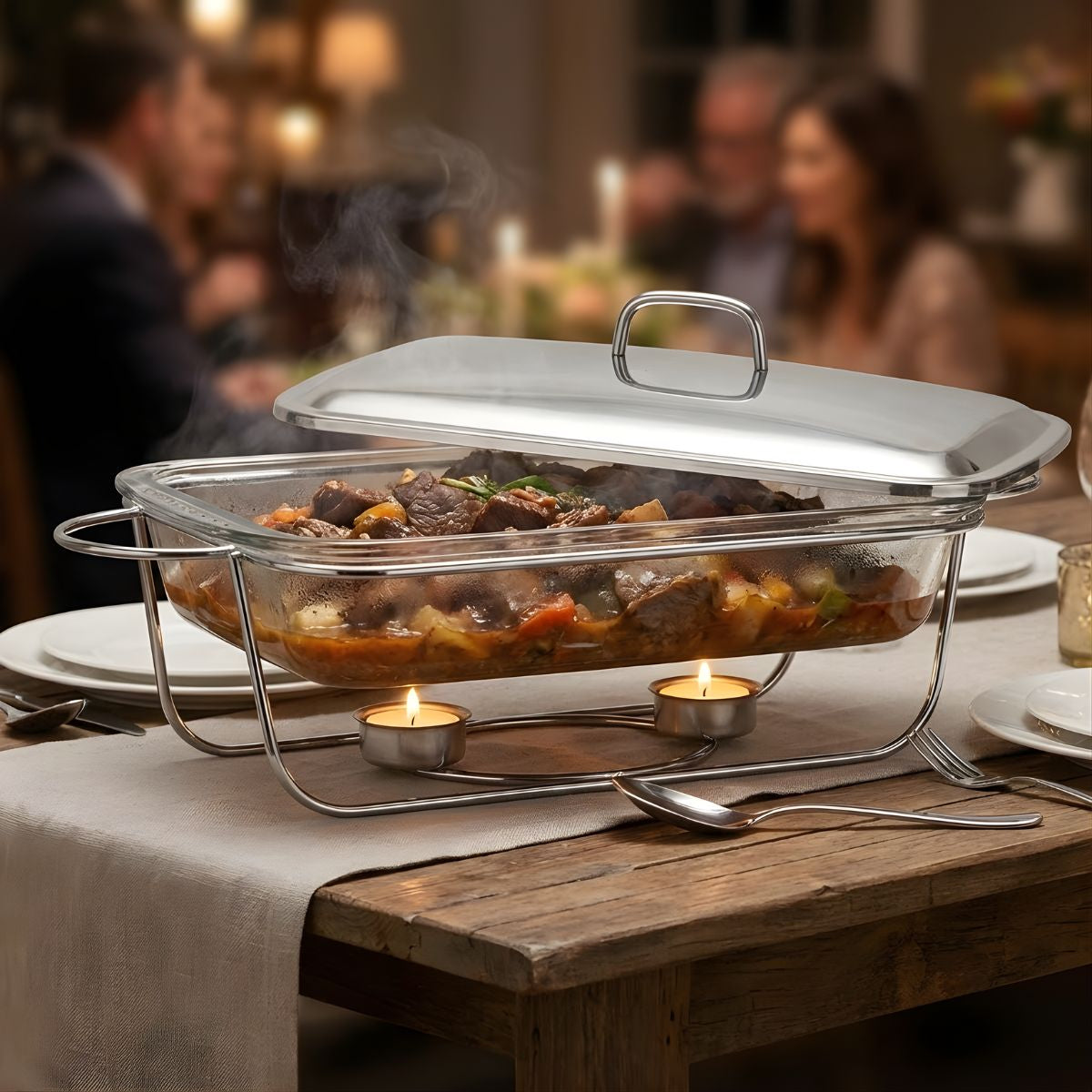 Bandeja de comida para buffet. Chafing Dish de Vidrio 3.6 L con Soporte. Bandeja rectangular para catering.