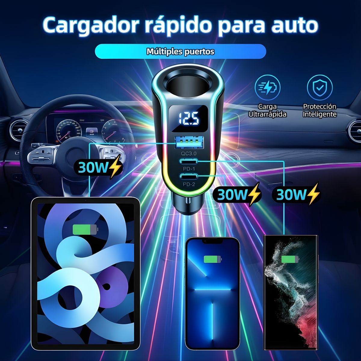 Cargador De Auto 150W Con 3 Puertos USB (QC 3.0 + PD). Adaptador De Carro Con Carga Rápida Para Múltiples Dispositivos.