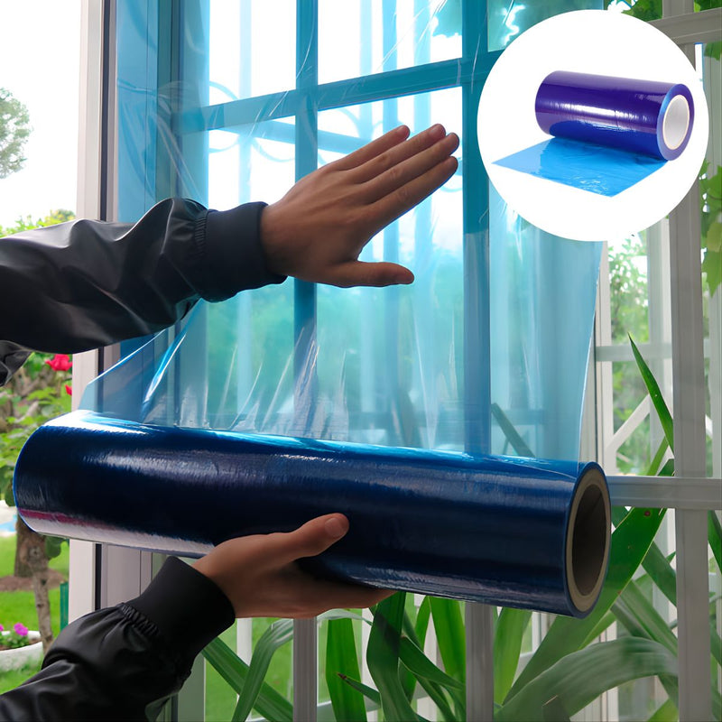 Film Protector Azul para Vidrios. Lámina Plástica para Ventanas. Película Protectora para Instalación y Remodelación. Rollo 60cmx200m. 0.04MM